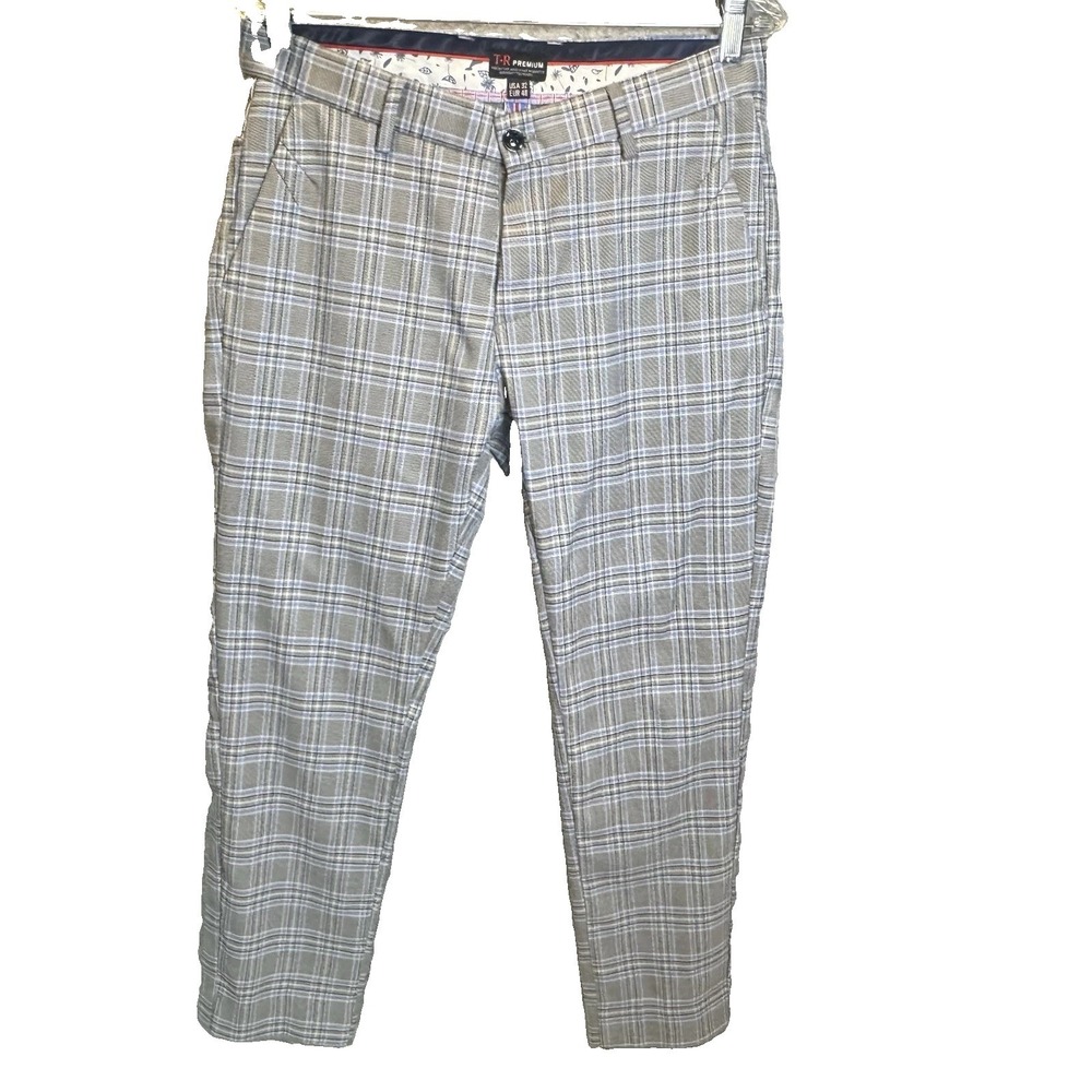 TR Premium Men's Plaid Tailored Pants 32 Gray Blue Stretch Slim Fit Trousers - Picture 5 of 16